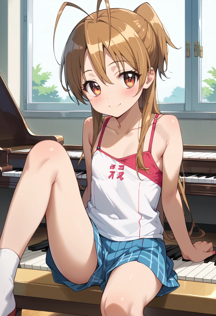 (( top quality)), ((masterpiece)), (be familiar with),  Perfect Face, indoor, bedroom,  Watching Viewers ,
One woman, Miyamoto Rei,
開いた口,  ecstatic expression beside the piano, blush, smile,
 small ,  flat chest, Young girl, Lori,  kids,  girl,
 long hair,  ponytail,
Leg spread,