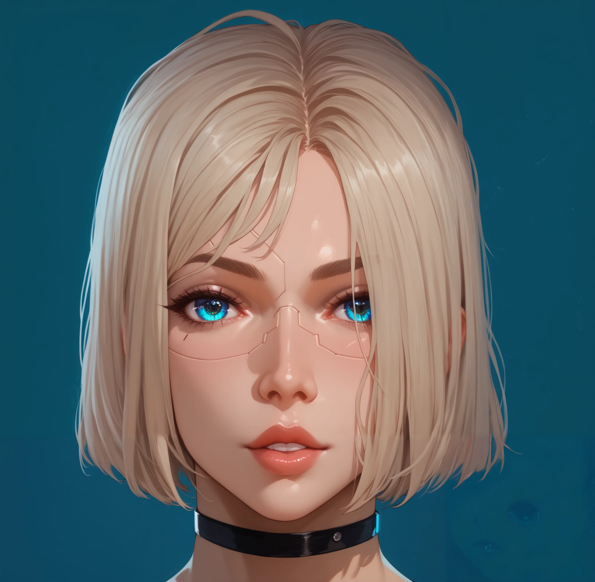  portrait of a cyber girl with implants, mechanical eyes ,  with a harness and an interesting background 