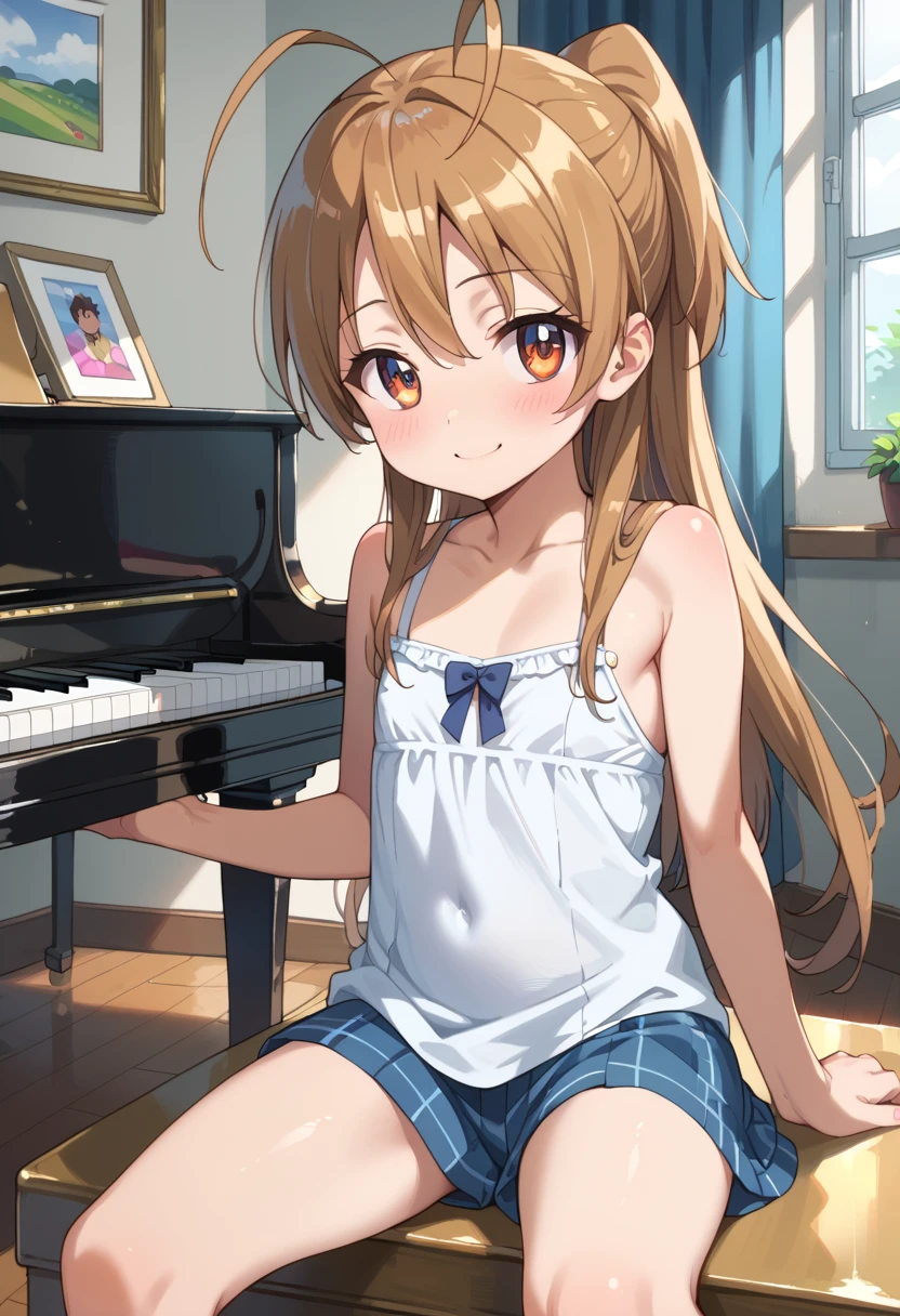 (( top quality)), ((masterpiece)), (be familiar with),  Perfect Face, indoor, bedroom,  Watching Viewers ,
One woman, Miyamoto Rei,
開いた口,  ecstatic expression beside the piano, blush, smile,
 small ,  flat chest, Young girl, Lori,  ,  girl,
 long hair,  ponytail,
Leg spread,