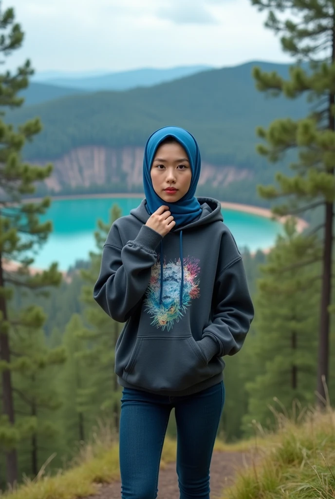 full body,cinematic portrait of a korean woman with hijab , casually dressed wearing a scart and shoes standing a in a grassy field with mountains in the background lonely beautiful woman ,atmospheric portrait, standing a in a grassy field and weeds playing with bubble balloons and blowing in the wind ,behind you can see colorful smoke bombs/beautifull door, , foggy background looking to the side , focused gaze looking at the camera