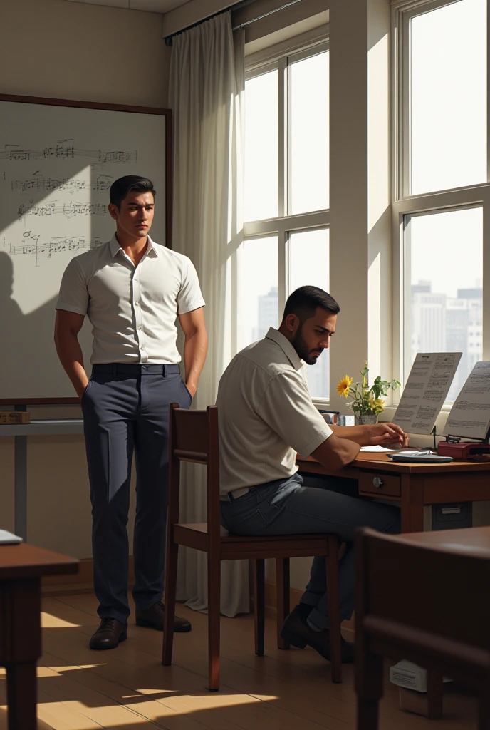 A beautiful music classroom. We have a handsome brown skinned man sitting at his desk looking bored, and then an asian muscular man in office attire leaning against the whiteboard