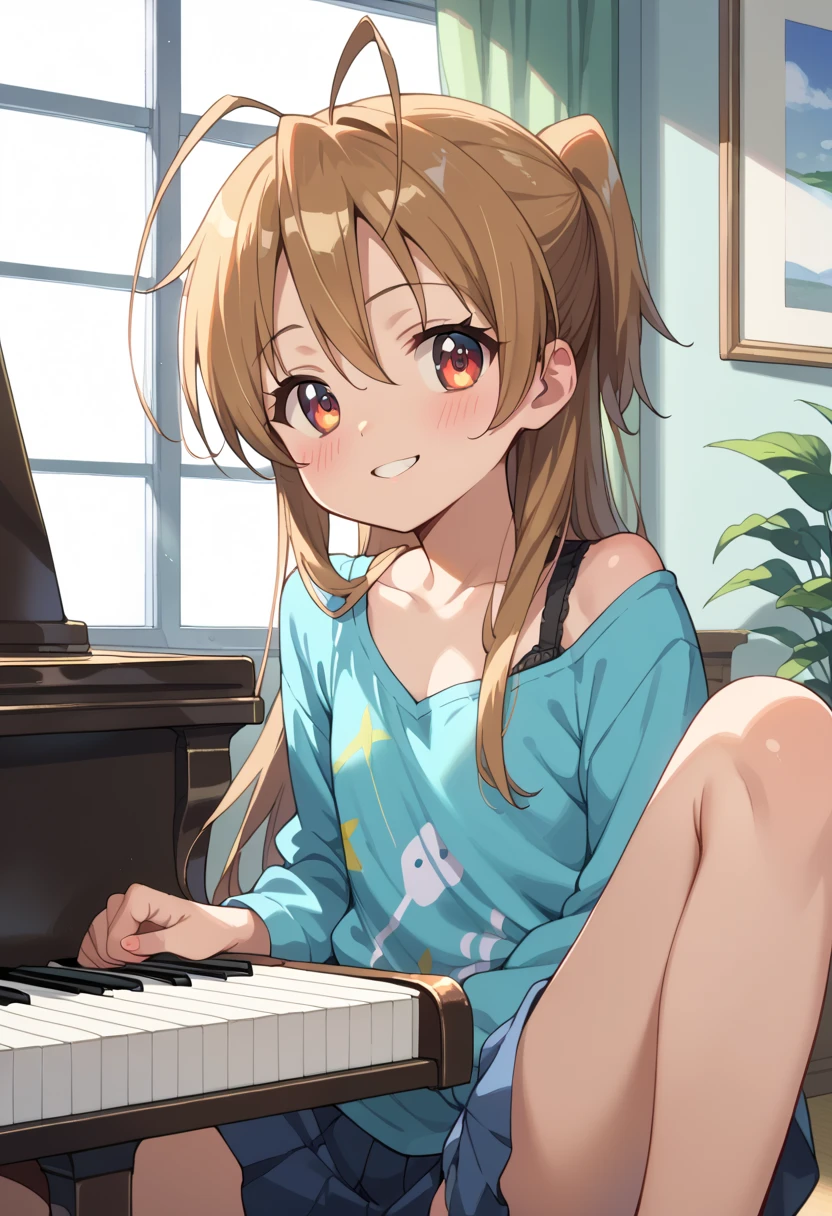 (( top quality)), ((masterpiece)), (be familiar with),  Perfect Face, indoor, bedroom,  Watching Viewers ,
One woman, Miyamoto Rei,
開いた口,  ecstatic expression beside the piano, blush, smile,
 small ,  flat chest, Young girl, Lori,  ,  girl,
 long hair,  ponytail,
Leg spread,