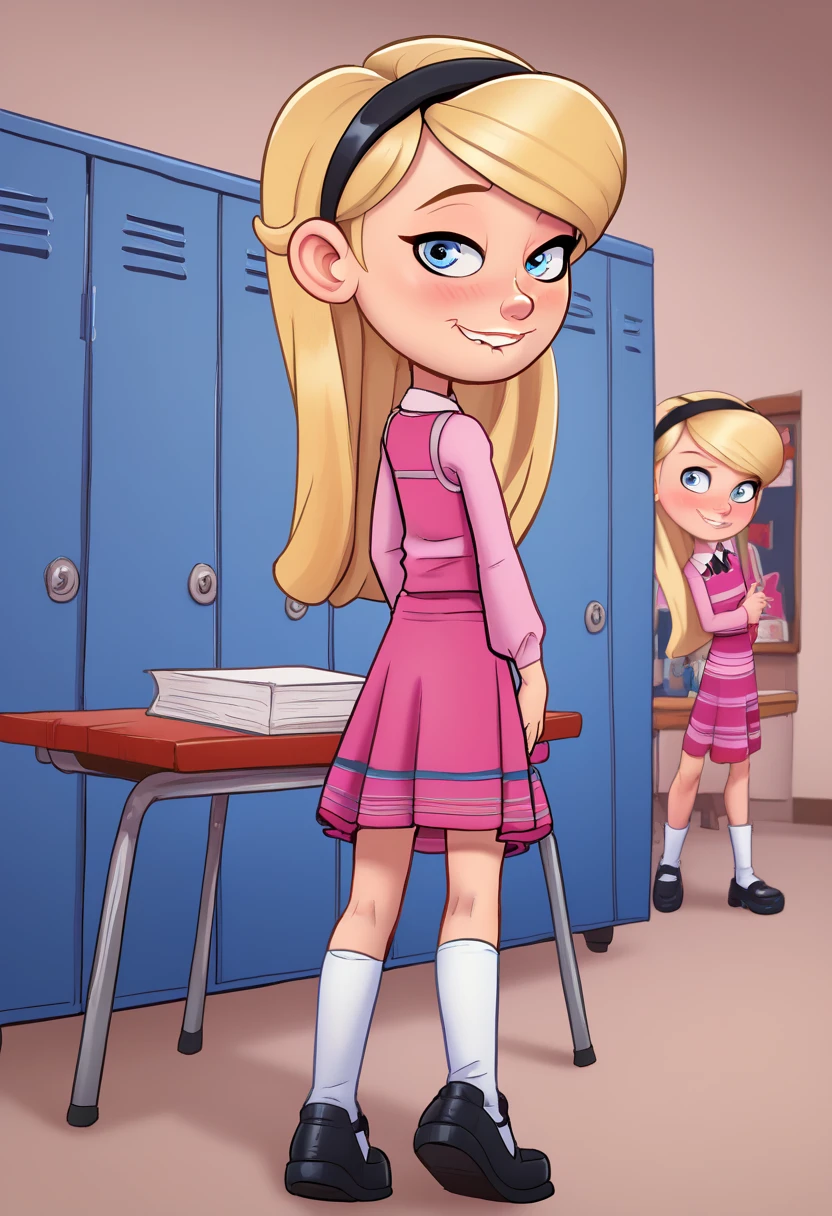 Andystyle, 1girl, full body, solo, penny peterson, long hair, blue eyes, 3d, blonde hair, skirt, hairband, black hairband, white socks, dress, pink dress, long sleeves, blushing, butt Clench, looking at viewer:1.3), showing butt, backside, Lip bite, naughty Smile,, school, school lockers,