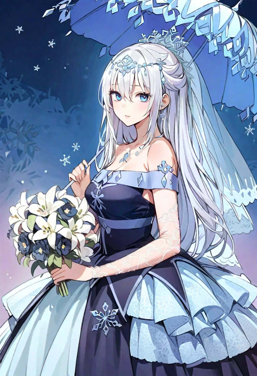 ((Best quality))), ((Ultra-detailed)), ((illustration)), ((Disheveled hair)), ((frilld)), (1 girl), (Solo),
1girl, bangs, bare_shoulders, black_dress, blue_eyes, bridal_veil, dress, flower, hair_between_eyes, jewelry, lily_(flower), long_hair, looking_at_viewer, snowflakes, solo, tiara, veil, very_long_hair, wedding_dress, white_flower, rating:safe, white_hair，umbrella，holding_umbrella，umbrella，