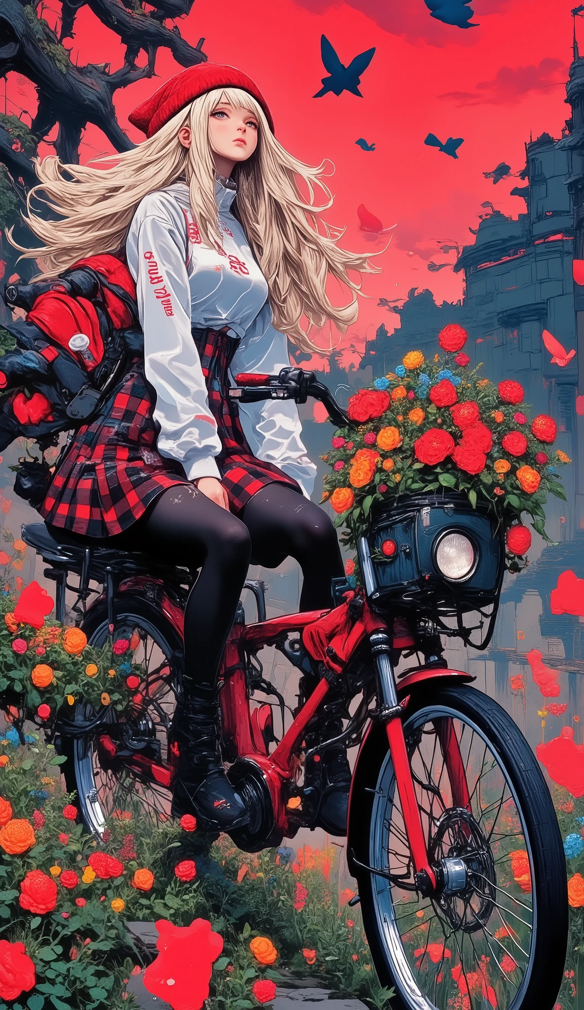 Anatómicamente correcto , beautiful girl full body ,  sitting on a bike with baskets full of flowers, ((Manga style:1.5)), Linear ,  she is half profile  ,  red and black plaid miniskirt  ,  three-quarter fishnet stockings  , long black boots,  white sweatshirt with red letters  ,  Flapping in the wind  , red wool hat  ,  red and black jacket that falls on her shoulders  , Field background at dusk , flores ,  an anime drawing of Masamune Shirow  ,  dynamic and sensual pose  , trend on pixiv, Furry art, Danganronpa digital art,  Anime style ,  Anime style ”, Blonde anime girl with long hair ,  High quality anime art style  ,  ranked among the best in pixiv  ,  Beautiful high school anime girl  , obra de arte de  Anime style ,  anime illustration trend 