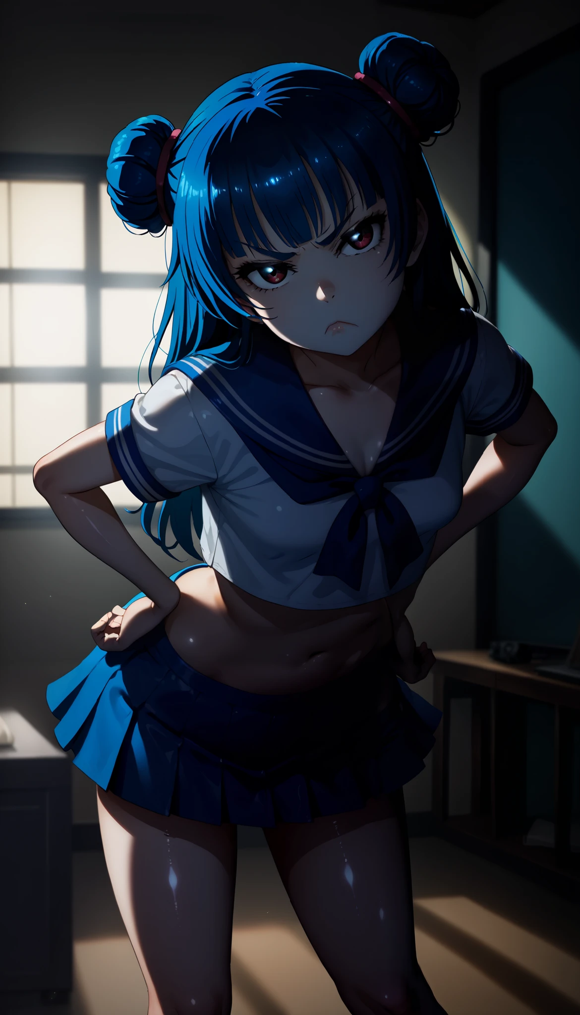 Yoshiko Tsushima , small breasts,sailor top, micro skirt,shiny skin,looking at viewer,Grumpy, hands on hip, leaning forward,otaku room,blue lighting,single side bun,long hair