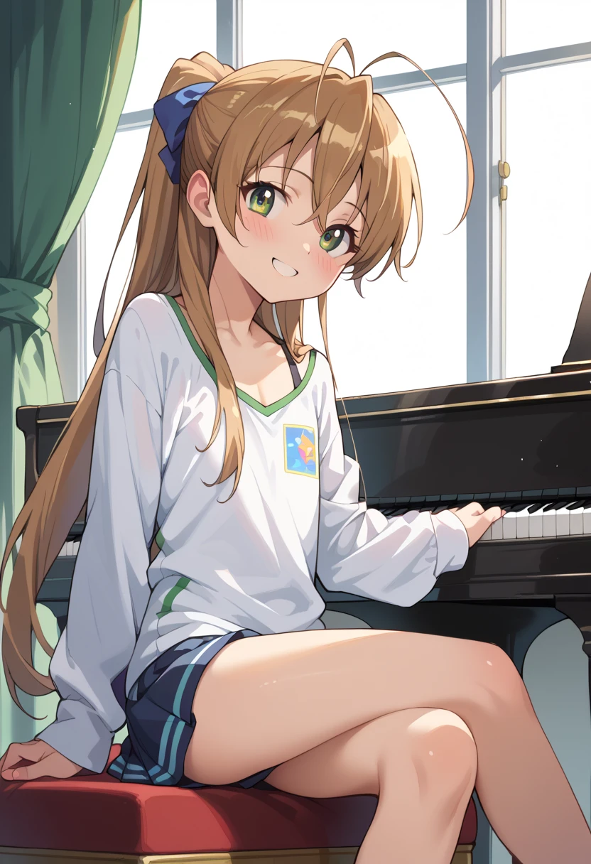 (( top quality)), ((masterpiece)), (be familiar with),  Perfect Face, indoor, bedroom,  Watching Viewers ,
One woman, Miyamoto Rei,
開いた口,  ecstatic expression beside the piano, blush, smile,
 small ,  flat chest, Young girl, Lori,  ,  girl,
 long hair,  ponytail,
Leg spread,