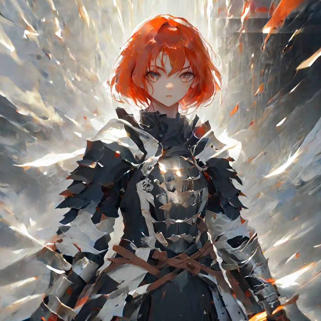 girl, anime, red hair, short hairstyle (armor on her shoulders: 1.5), full scale, (serious look), warrior