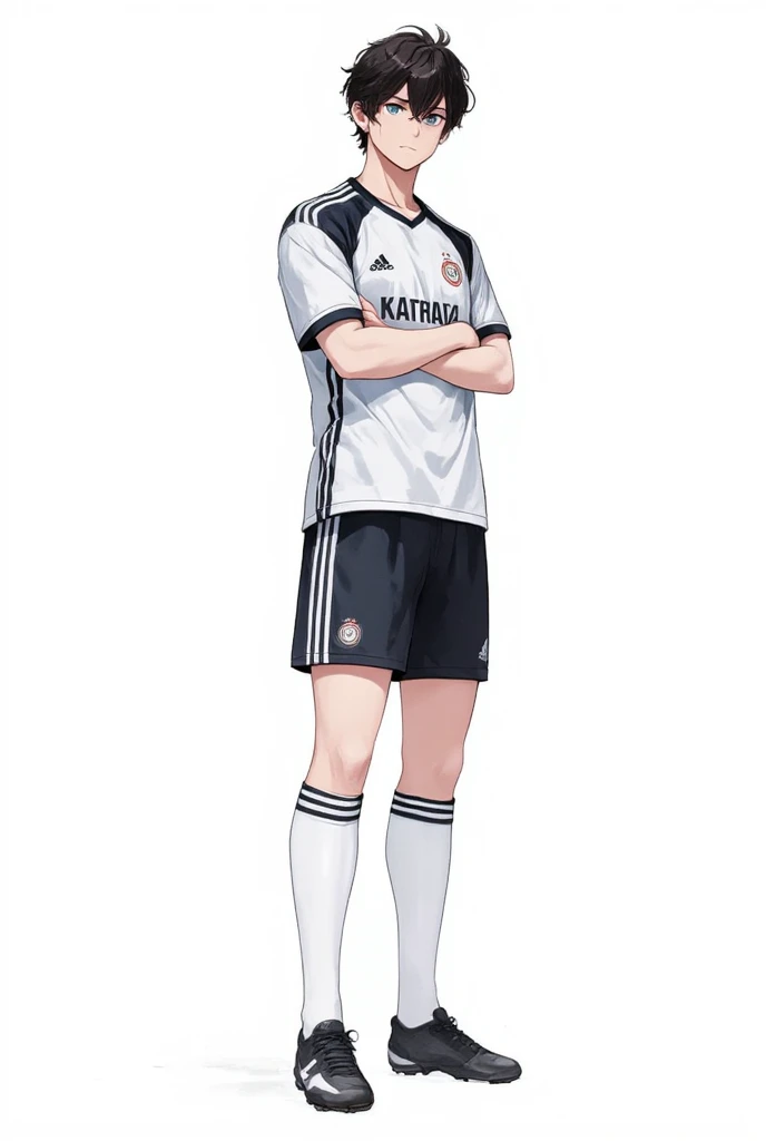 Create an anime style character sheet, the character should be similar to the knights of the zodiac with a high level of detail, a 20 year old male soccer player. The character is a young and athletic man. His build is slim and muscular, demonstrating his athletic ability. He wears a modern soccer uniform with a shirt, shorts, socks and boots, all in a clean and elegant design. Includes a front view, a side view and a back view of the character. The background should be plain white to focus on the character. The design should be a daughter type of design.