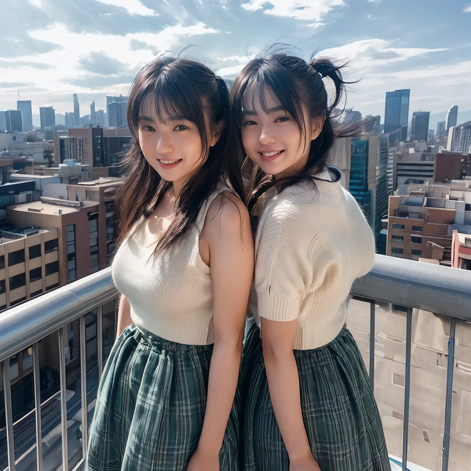 24. "Medium shot of Japanese twins standing on a rooftop, overlooking the city skyline, arms around each other with relaxed smiles."