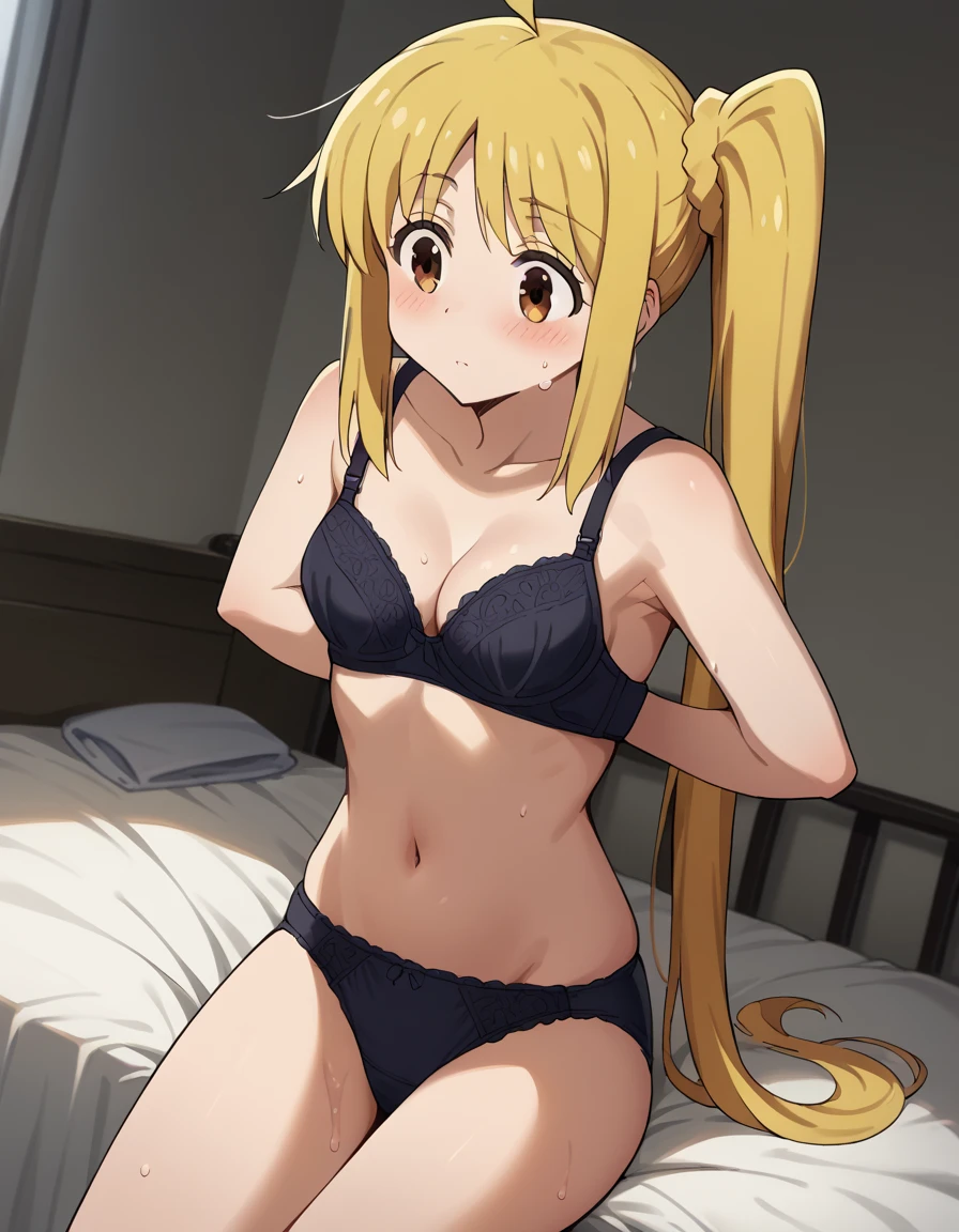 (((masterpiece))), best quality, highly detailed,extremely detailed CG unity 8k wallpaper,illustration, solo,one female,1female,da,PANTYHOSE,black penties,black bra,small breast,dark blue eyes,medium hair,blonde ,small breast,indoor,grey background, dark background,wet, lab, night, dark.pipe, machine ,spotlight, suffering,tears,crying,suffering face,bondage,bdsm, tied,tied up,rope,hands are bound,