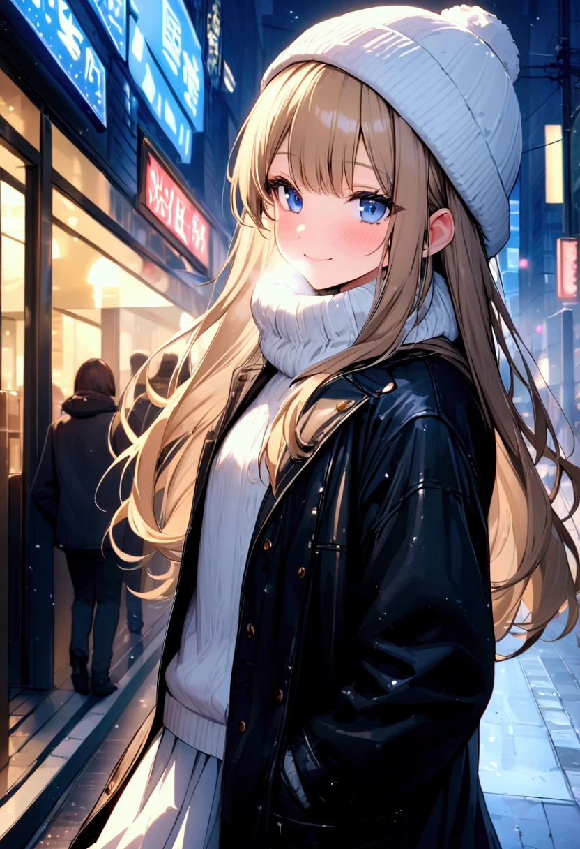 (masterpiece),(absurdres),(ultra detailed)、((solo lady),(23-year-old),(dark blonde hair:1.2),(straight long hair:1.1),(()),shiny blue eyes,(()),(flat chest),(white breathing:1.3),(hand on muffler),half-closed eyes,smile,side view, sweater :0.9、 Jacket with Fur:1.0、 Long Skirt、 muffler 、Knitted hat、(ear covers made of fur:1.5)、Snowstorm:1.2,Illumination lighting city:1.2,looking viewer,Miho