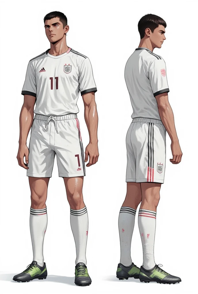 Create an anime style character sheet, the character should be similar to the knights of the zodiac with a high level of detail, a 20 year old male soccer player. The character is a young and athletic man. His build is slim and muscular, demonstrating his athletic ability. He wears a modern soccer uniform with a shirt, shorts, socks and boots, all in a clean and elegant design. Includes a front view, a side view and a back view of the character. The background should be plain white to focus on the character. The design should be a daughter type of design.