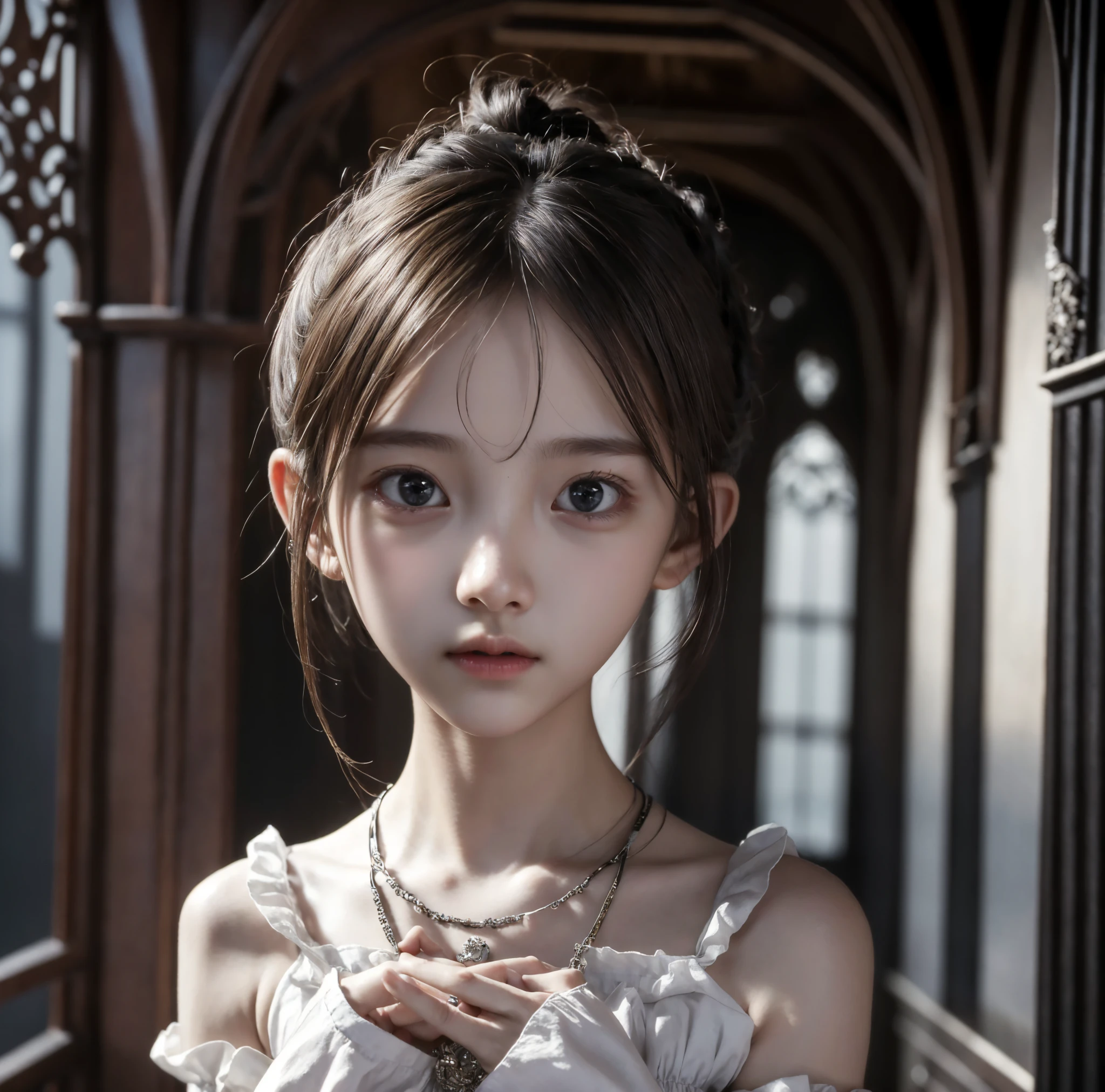  Unity 8K Wallpaper,  more details,  beautiful,  beautiful, masterpiece,  top quality,  vibe, mystery, Romanticism, Creepy, literature, art, fashion,  Victorian, Decoration, Complexity, Ironwork, race, meditation, Depth of emotion,  Supernatural, 1 girl, white skin,White Shoulders,Narrow shoulders,Thin arms, bun hair 