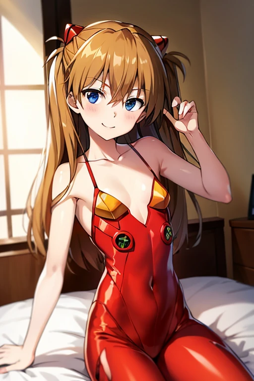 (( top quality)), ((masterpiece)), (be familiar with),  Perfect Face, indoor, bedroom,  Watching Viewers ,
One woman,  Soryu Asuka Langley,
開いた口,  ecstatic expression beside the piano, blush, smile,
 small tits,  flat chest, Young girl, Lori,  s,  girl,
 long hair,  two side up,
Leg spread,