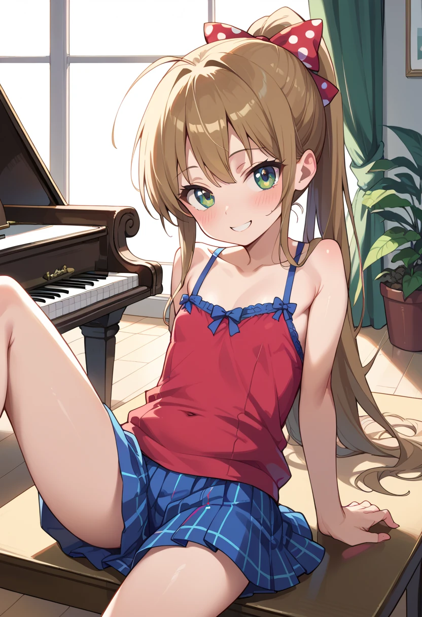 (( top quality)), ((masterpiece)), (be familiar with),  Perfect Face, indoor, bedroom,  Watching Viewers ,
One woman, Miyamoto Rei,
開いた口,  ecstatic expression beside the piano, blush, smile,
 small ,  flat chest, Young girl, Lori,  ****,  girl,
 long hair,  ponytail,
Leg spread,