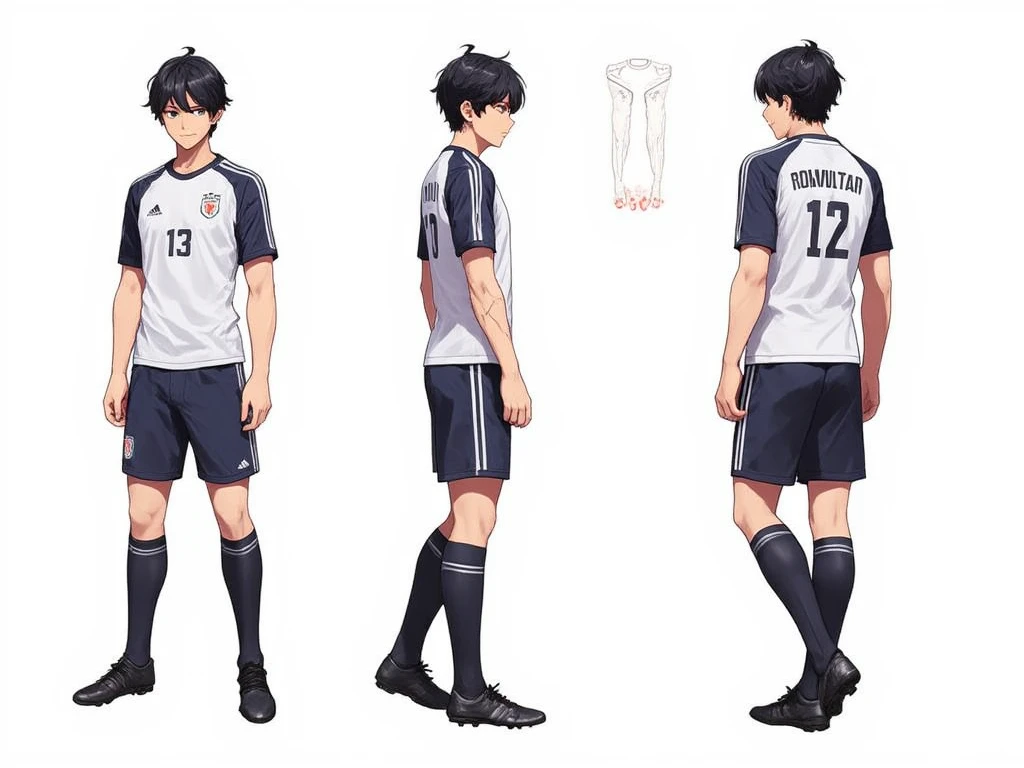 Create an anime style character sheet, the character should be similar to the knights of the zodiac with a high level of detail, a 20 year old male soccer player. The character is a young and athletic man. His build is slim and muscular, demonstrating his athletic ability. He wears a modern soccer uniform with a shirt, shorts, socks and boots, all in a clean and elegant design. Includes a front view, a side view and a back view of the character. The background should be plain white to focus on the character. The design should be a daughter type of design.