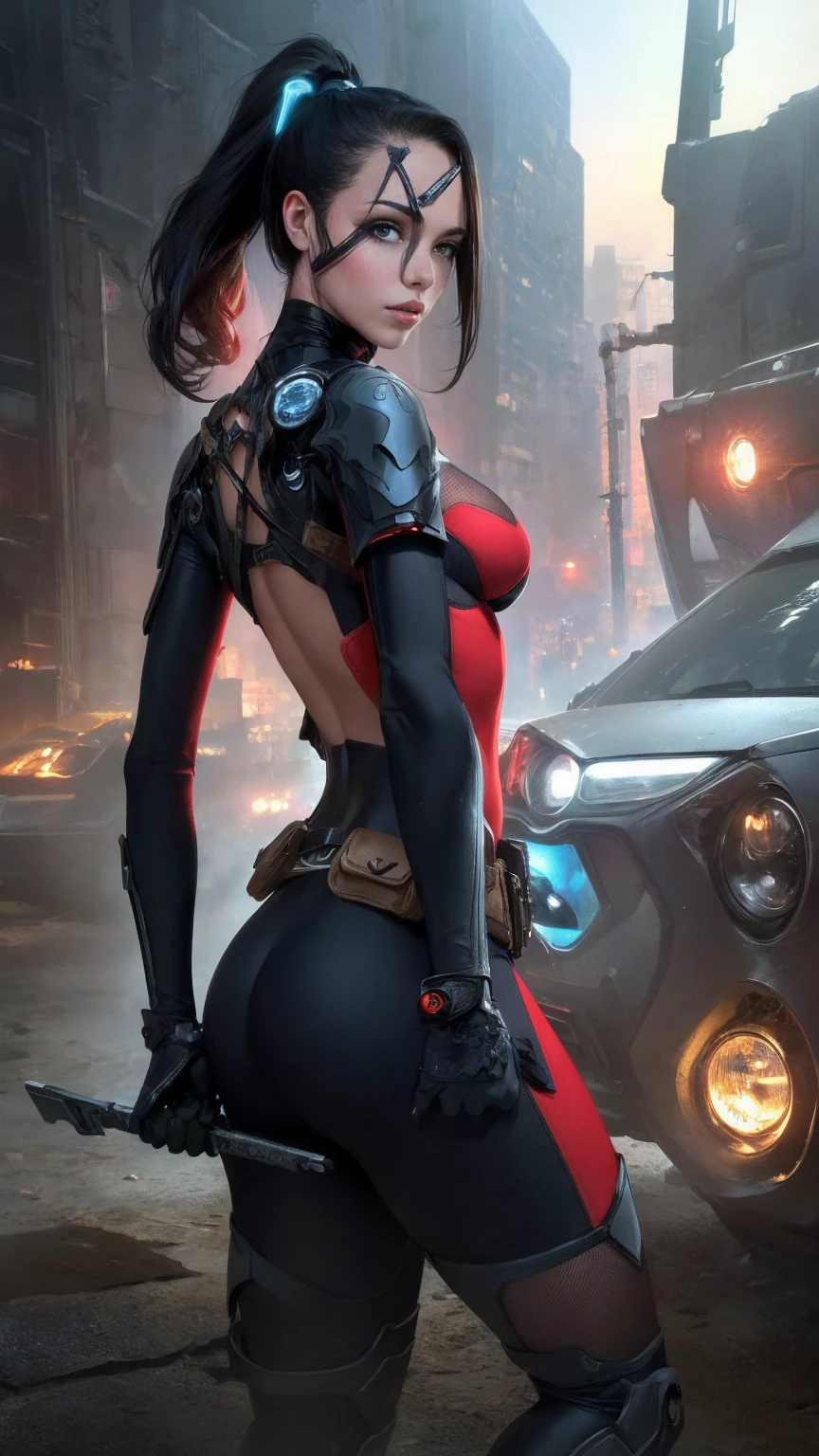 ((Best quality)), ((masterpiece)), (detailed: 1.4), (((back))), ((Perfect ass)), A muscular 35-year-old warrior woman almost naked in the Simon Bisley style for the cover of Heavy Metal magazine, bare thighs, tiny thong, garter belt, (((super short black hair))), clean face, Minimal clothing, red carbon fiber cyberpunk outfit with small blue and white details, (((red clothing))), (((short-cut))), (((mature woman))), (((full body)), (((tiny red thhong)))