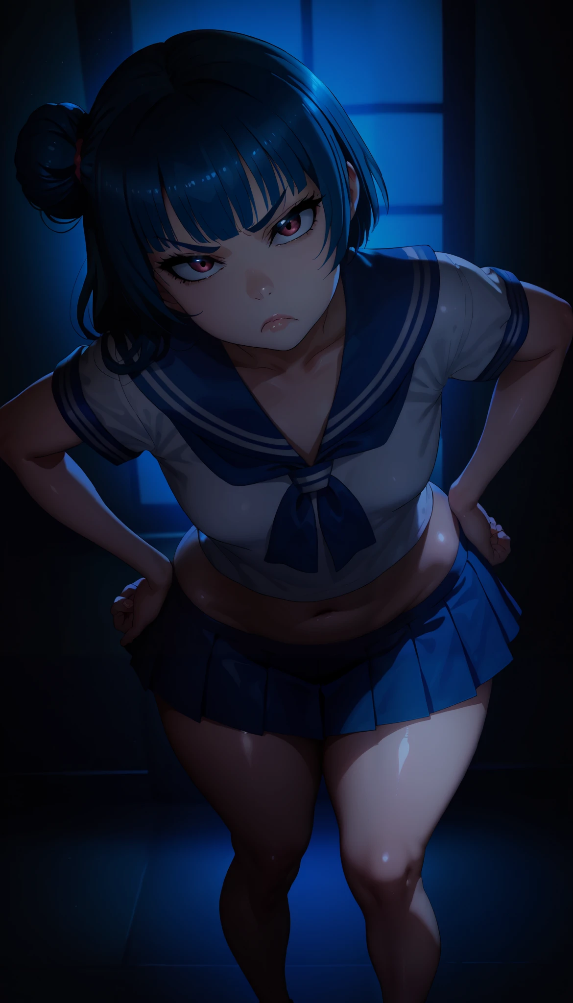 Yoshiko Tsushima , small breasts,mature woman,thick thighs ,wide hip,sailor top, micro skirt,shiny skin,looking at viewer,Grumpy, hands on hip, leaning forward,otaku room,blue lighting,single side bun, from above,pov