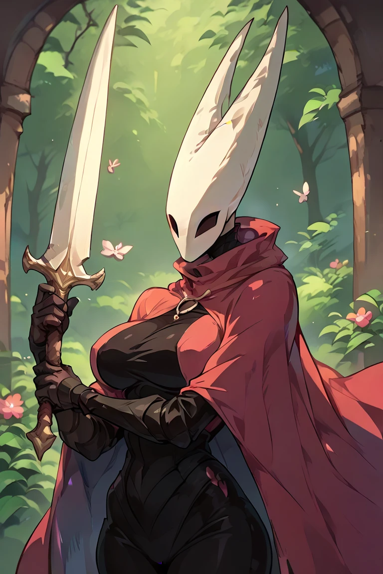   1girl, hornet_, red cloak, style ,   holding a weapon ,, score_9, score_8_ through , score_7_up, sucks dick,   large breasts  