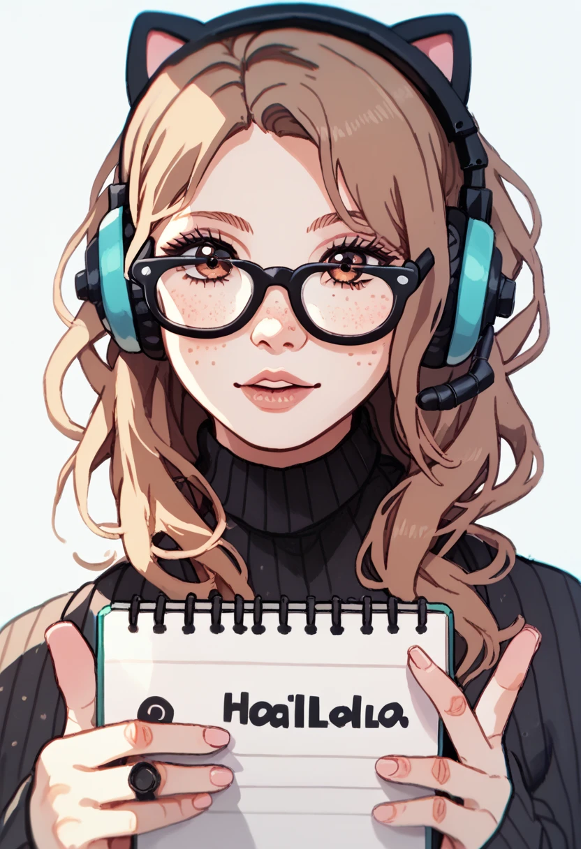 With smooth brown hair and brown eyes wearing black Hello Kitty clothing with glasses with freckles on her face and very stylish typing on a notebook and headphones