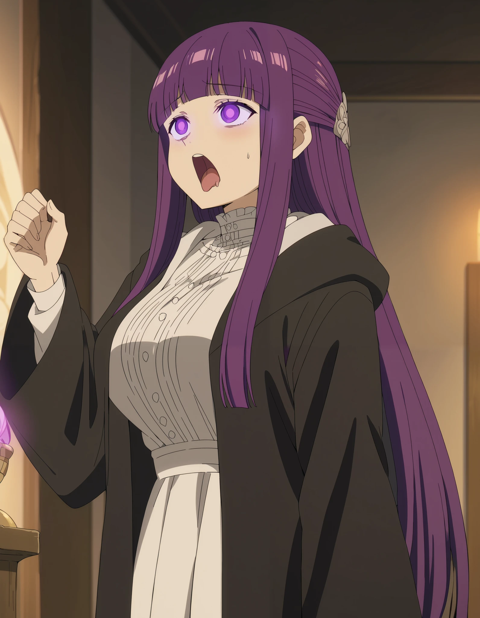 score_9, score_8_up, score_7_up, source_anime, fern, long hair, bangs, purple eyes, purple hair, sidelocks, blunt bangs, bright pupils, half updo, large breasts, anime screencap, long sleeves, dress, white dress, long dress, robe, black robe, bedroom, ((pink glow)), ((eyes glowing)), yawn, ((ahegao)), ((pain)), (((alone))), ((glowing eyes)), arms to the side,