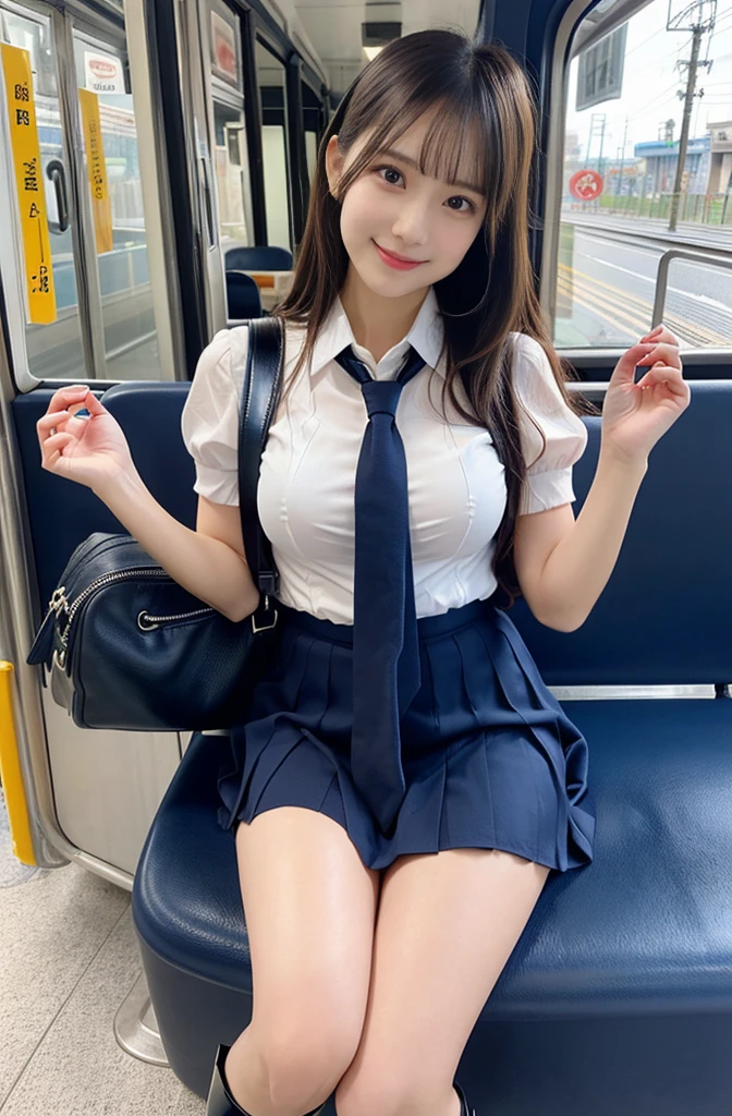 1womanl、(Super beautiful)、(ultra beautiful faces:1.5)、(white panties)、(Clear pubic contours)、Spread your legs、(high-school uniform)、Plaid mini skirt、Subway seats、(At SFW:1.1)