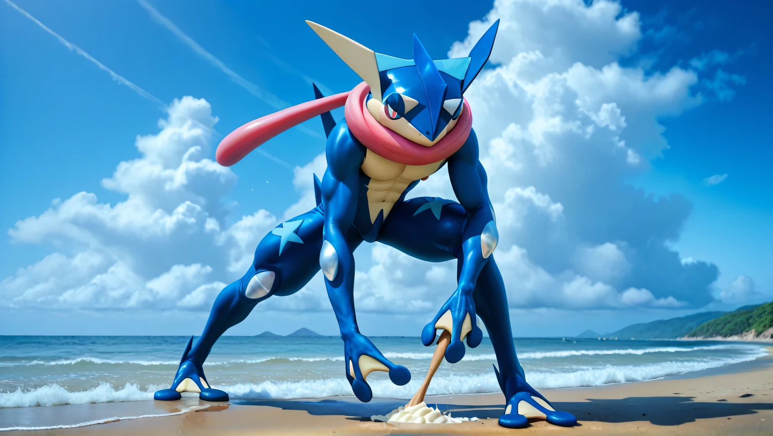 (      masterpiece,       better quality:1.2),alone, greninja  male     \(pokemon\),pokemon \(creature\),      full body,           there are no humans,      extended arms     ,       blue skin      ,        tight pants with long tabs looking at the spectator ,blue sky,  posture:   standing on two legs    ,     foot cream  , husky, husky, salivating,    seductive look   ,    marked muscles,  below,    on the beach, blue sky, white and blue clouds, Blue Sea,     greninja    , salivating, blushing 