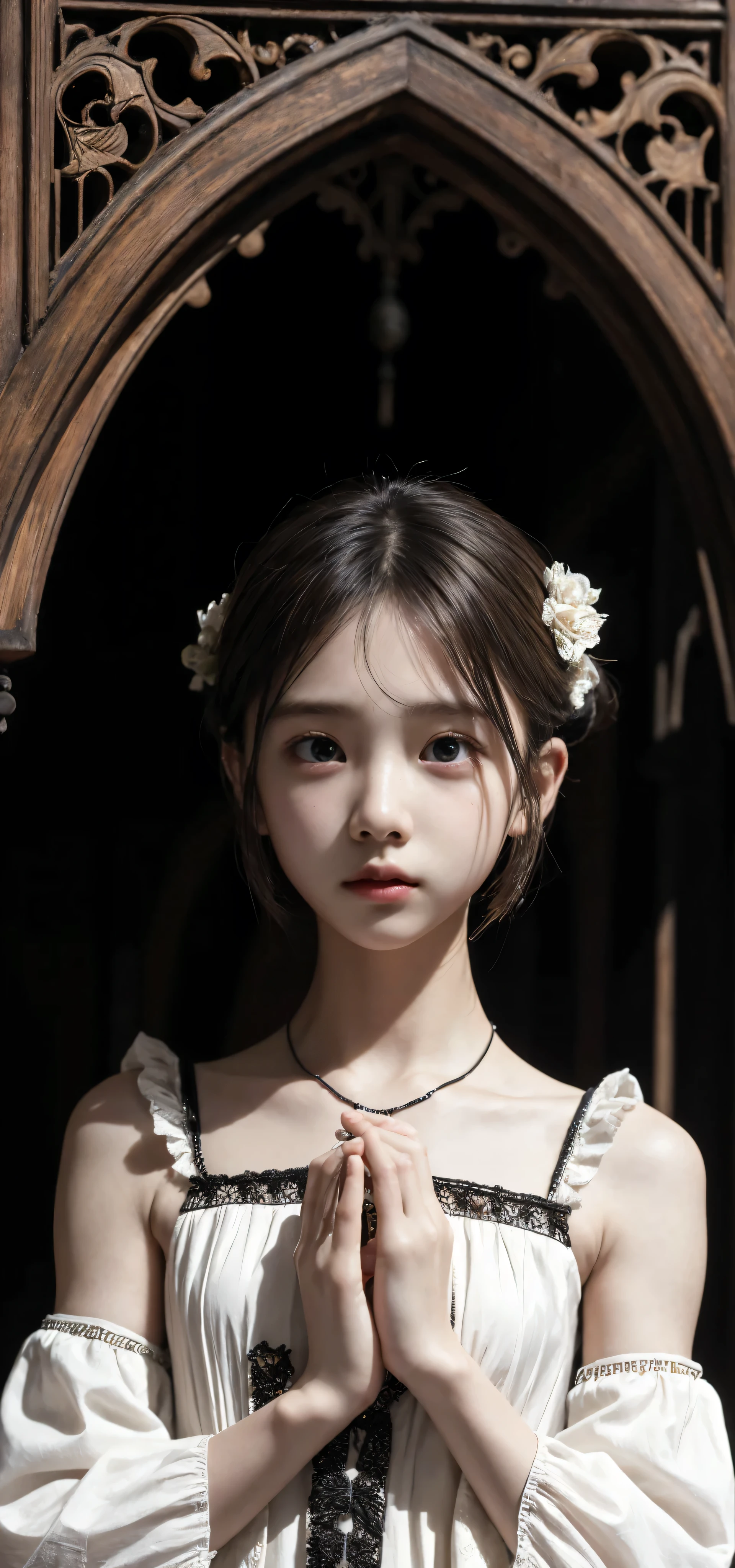  Unity 8K Wallpaper,  more details,  beautiful,  beautiful, masterpiece,  top quality,  vibe, mystery, Romanticism, Creepy, literature, art, fashion,  Victorian, Decoration, Complexity, Ironwork, race, meditation, Depth of emotion,  Supernatural, 1 girl, white skin,White Shoulders,Narrow shoulders,Thin arms, bun hair 