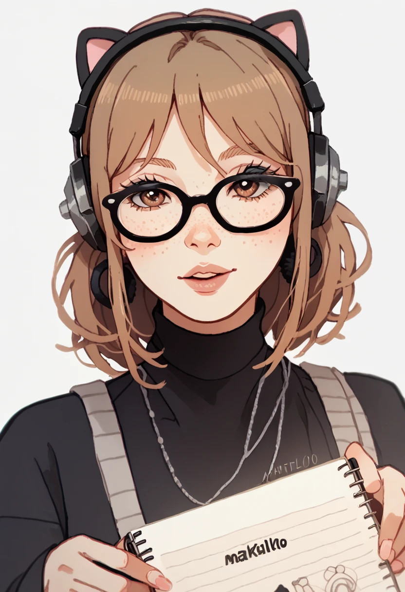 With smooth brown hair and brown eyes wearing black Hello Kitty clothing with glasses with freckles on her face and very stylish typing on a notebook and headphones and Hello Kitty's black clothes with the notebook written Yasmin 
