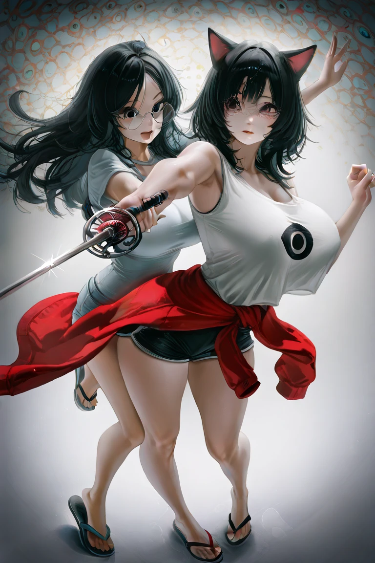 tall woman,  of long black hair split in half,tied, (((( cat eye circles )))),  huge boobs, sleeveless t-shirt with neckline,  red jacket tied around the waist , short shorts, From flip flops , with glasses, fencing sword in hand  