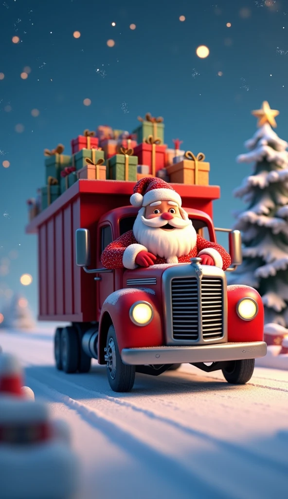 「Merry Christmas messages flash and then disappear, Santa Claus gets into a truck carrying lots of presents and drives away smiling, the truck moves forward. Background flows backwards as the truck moves」
3D Disney style