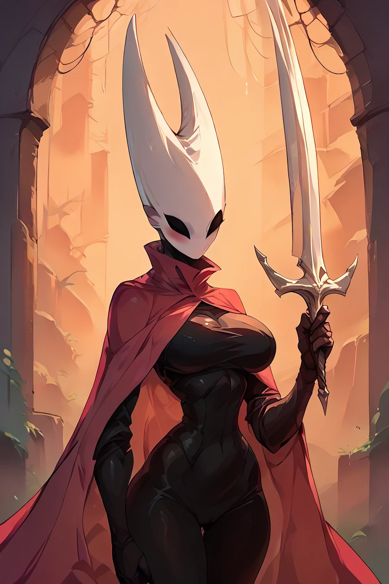  1girl, hornet_, red cloak, style ,  holding a weapon ,, score_9, score_8_ through , score_7_up, sucks dick,  large breasts 