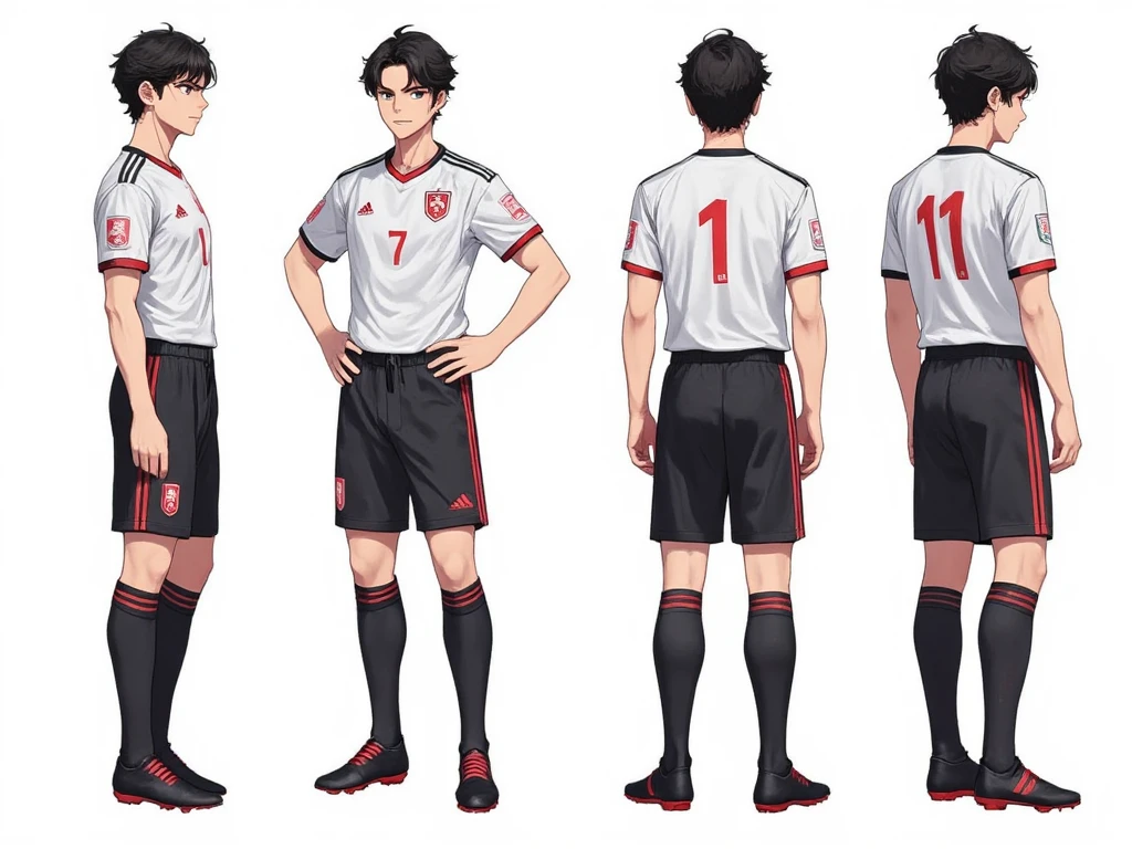 Create an anime style character sheet, the character should be similar to the knights of the zodiac with a high level of detail, a 20 year old male soccer player. The character is a young and athletic man. His build is slim and muscular, demonstrating his athletic ability. He wears a modern soccer uniform with a shirt, shorts, socks and boots, all in a clean and elegant design. Includes a front view, a side view and a back view of the character. The background should be plain white to focus on the character. The design should be a daughter type of design. seen from its 4 sides front, back, right and left