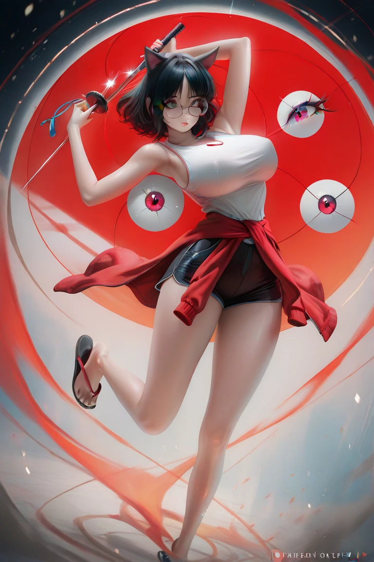 tall woman, With long black hair split in half,tied, (((( cat eye circles )))),  huge boobs, sleeveless t-shirt with neckline,  red jacket tied around the waist , short shorts, From flip flops , with glasses, fencing sword in hand , alone,  very detailed 