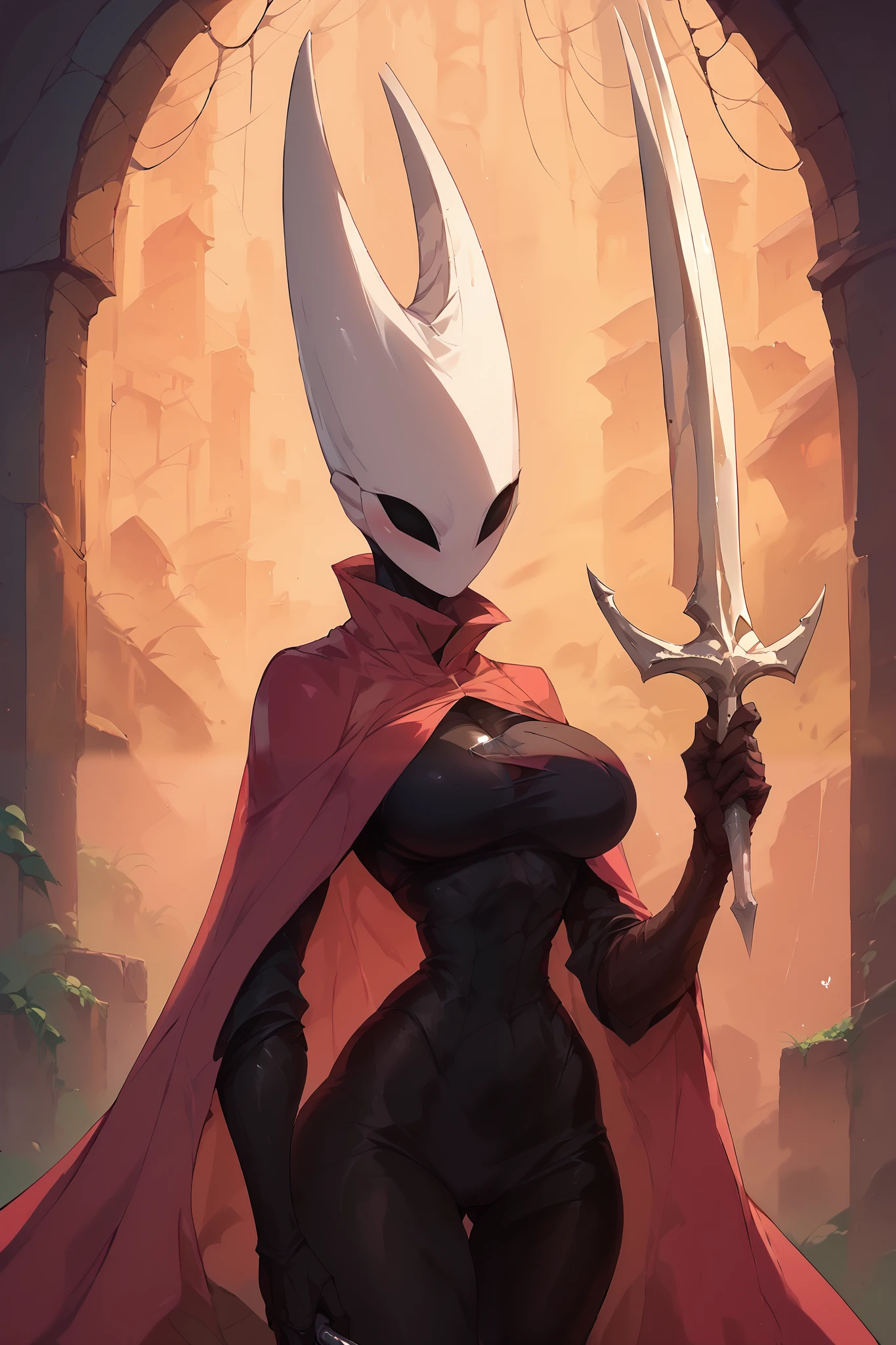  1girl, hornet_, red cloak, style ,  holding a weapon ,, score_9, score_8_ through , score_7_up, sucks dick,  large breasts 