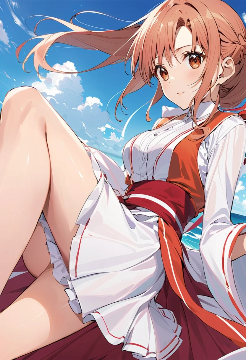 (Cute Smile、Black short bob、Cute orange hair clip)、((Clothed Big Tits、Pure white blouse))、((Light blue flared skirt、The wind blows up her skirt and her underwear is visible、White underwear with cute ribbon))、Bare feet and naked feet、((Sandy beach, sea and blue sky))、((The face is in focus and the background is blurred、Shallow depth of field))、Realistic、Standing posture、((C cup small breasts、Closer valley、Pie Slash))、(A vibrant crimson long coat over a blouse、Spread a long coat with both hands)、(The orange bra is clearly visible under the wet blouse.、Orange underwire bra)、(watermelon、左手にカットしたwatermelon、🍉、watermelonを頬張る)