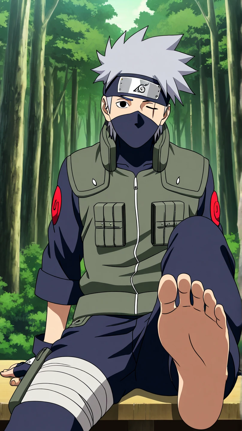 score_9, score_8_up,source_anime,
1boy, bare feet focus, kakashi, grey hair, covered mouth, mouth mask, black eyes, scar across eye, forehead protector, gloves, konohagakure symbol, mature, green vest, pants,
solo, looking at viewer, standing, cowboy shot, outdoors, forest, anime screencap, anime coloring  He is sitting on a couch while his bare feet (soles) are displayed in front of us on a table near the camera (our point of view)