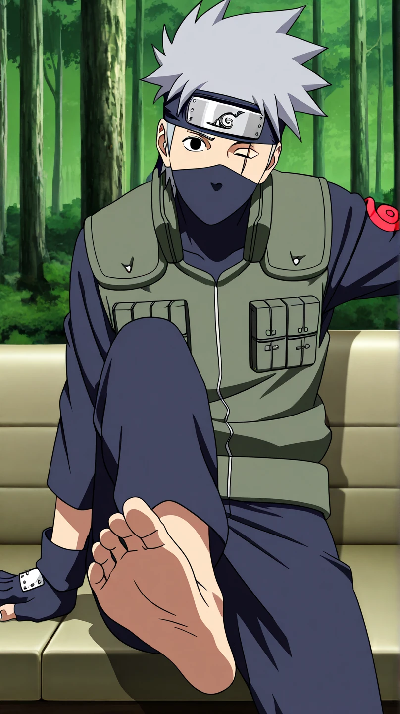 score_9, score_8_up,source_anime,
1boy, bare feet focus, kakashi, grey hair, covered mouth, mouth mask, black eyes, scar across eye, forehead protector, gloves, konohagakure symbol, mature, green vest, pants,
solo, looking at viewer, standing, cowboy shot, outdoors, forest, anime screencap, anime coloring  He is sitting on a couch while his bare feet (soles) are displayed in front of us on a table near the camera (our point of view)