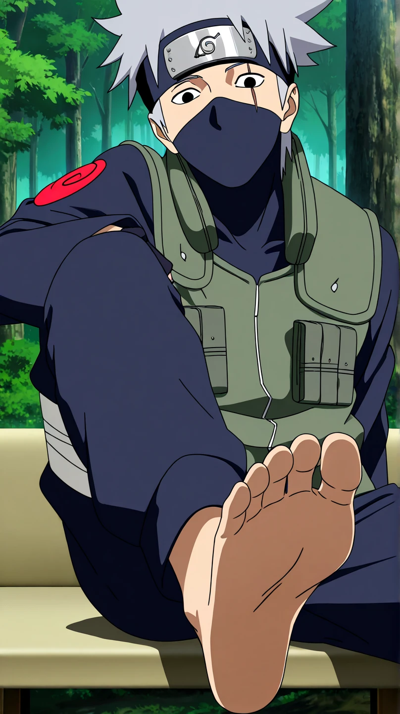 score_9, score_8_up,source_anime,
1boy, bare feet focus, kakashi, grey hair, covered mouth, mouth mask, black eyes, scar across eye, forehead protector, gloves, konohagakure symbol, mature, green vest, pants,
solo, looking at viewer, standing, cowboy shot, outdoors, forest, anime screencap, anime coloring  He is sitting on a couch while his bare feet (soles) are displayed in front of us on a table near the camera (our point of view)