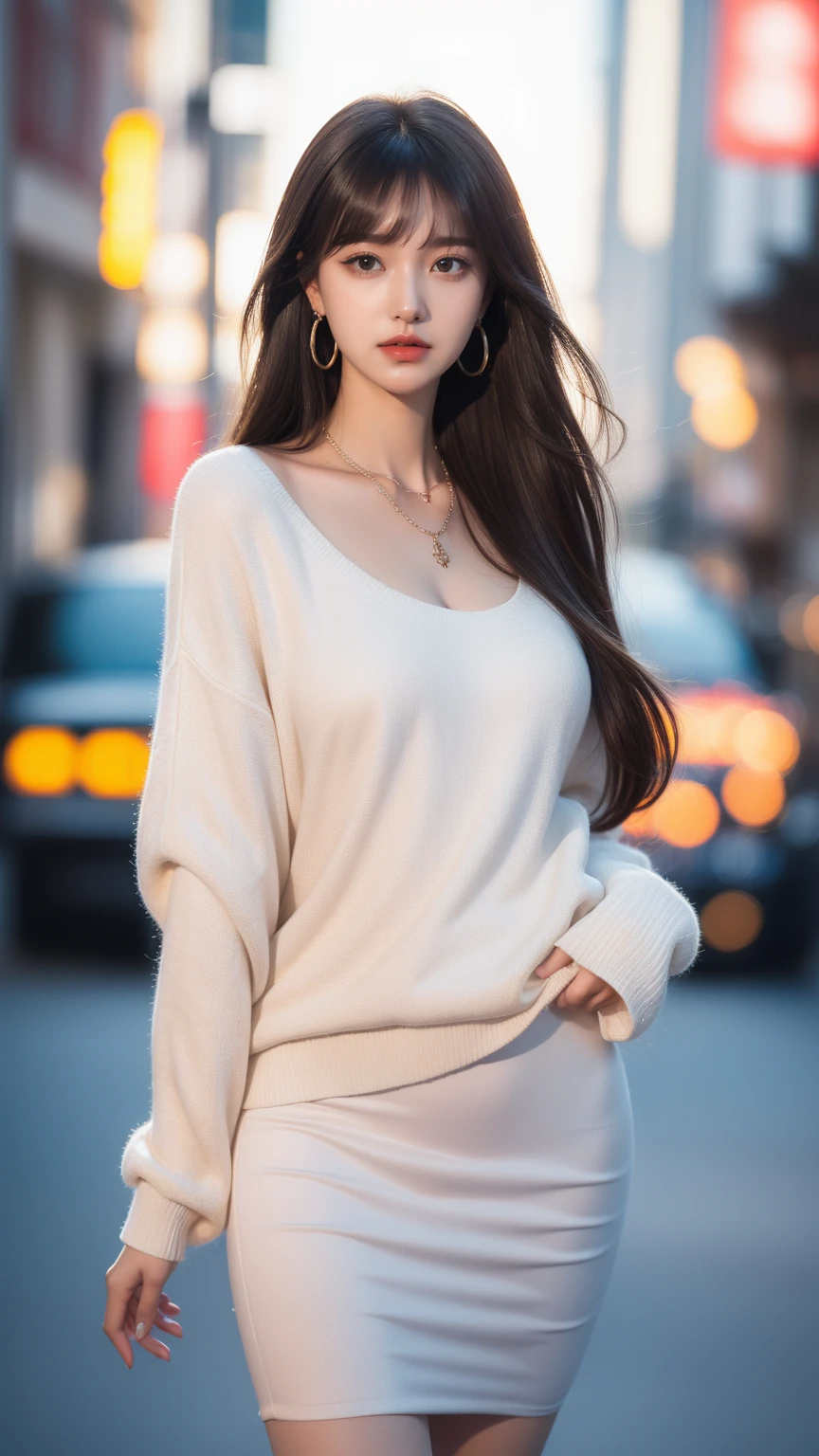 Urban Beautiful Girl College Student,tmasterpiece,Light makeup,Redlip,Silvery hair,Messy long hair,streets background,gracefulness,Elegance。ultra fine detailed,Works of masters,The face of the city and the country,Authentic texture,Cinematic lighting realism,perfect works,8K,k hd,Delicate facial features,Slim figure,Big bright eyes,Smooth skin,stick out buttocks