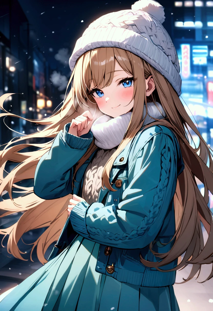 (masterpiece),(absurdres),(ultra detailed)、((solo lady),(23-year-old),(dark blonde hair:1.2),(straight long hair:1.1),(()),shiny blue eyes,(()),(flat chest),(white breathing:1.3),(hand on muffler),half-closed eyes,smile,side view, sweater :0.9、 Jacket with Fur:1.0、 Long Skirt、 muffler 、Knitted hat、(fur covering ears:1.5)、Snowstorm:1.2,Illumination lighting city:1.2,looking viewer,Miho
