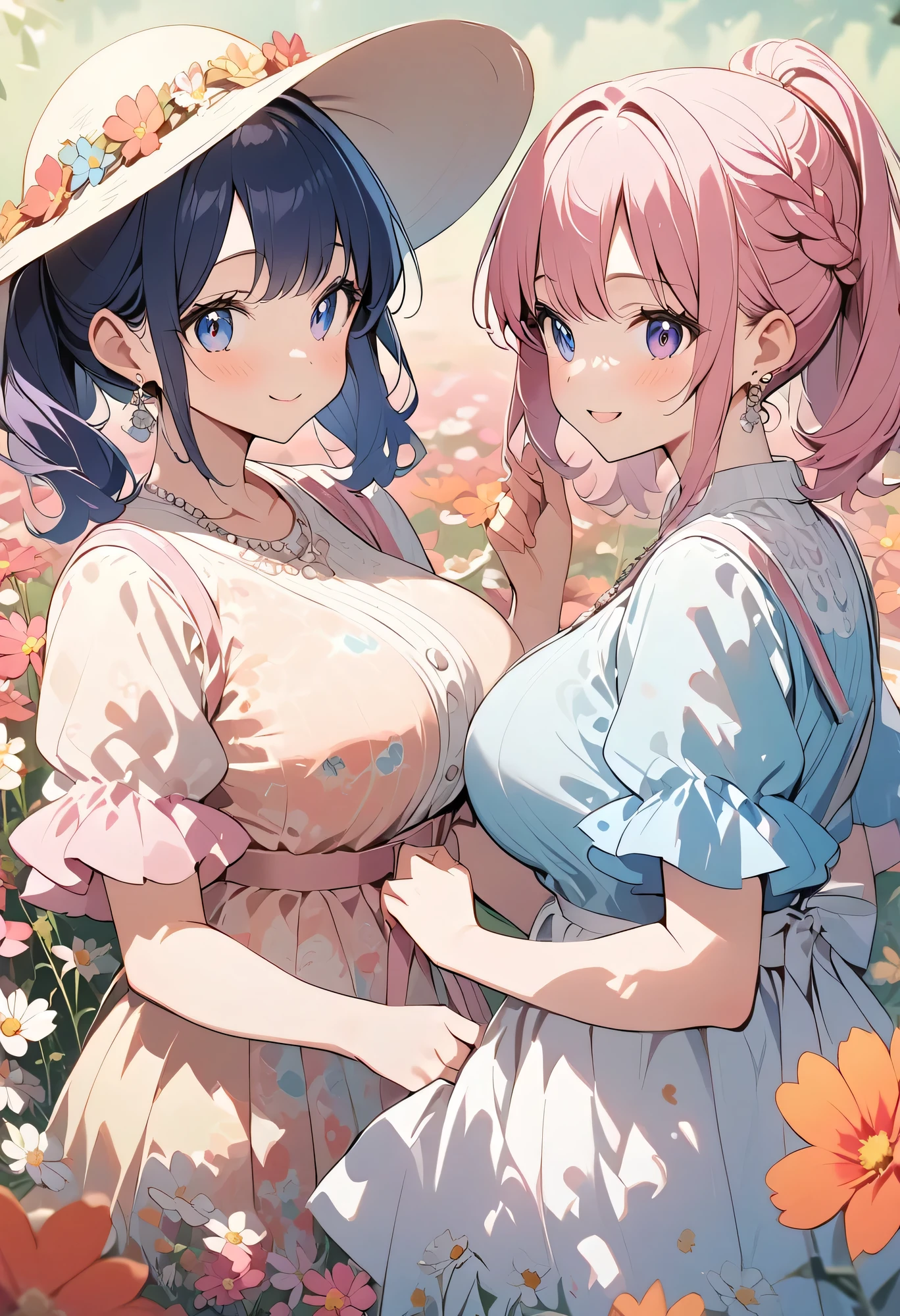 top quality、 high definition、( HD:1.2)、masterpiece、 detailed background、 very detailed face、 waist anatomically correct、 detailed eyes、age beauty、 huge breasts、 perfect body line 、 brightly colored hair color 、 Braided Bob Cut 、 ponytail、 braided twin tails 、 big smile when looking back、 romantic scene 、 calm atmosphere 、Couple date in a cosmos flower field、 Sunny、Can you see through the fall flower field 、 pearl necklaces and silver earrings 、
(Two girls having a good time in a cosmos flower field:1.5)、
Spread out a colorful blanket and enjoy a relaxing picnic in the flower garden、Enjoy picking flowers in the flower fields、Try tying together flowers you picked yourself and making a cute flower crown or bouquet.、Walking hand in hand and taking pictures of each other、Skillfully incorporate stylish outfits, small items, cute accessories, etc.、Choose a dress that is light and feminine、Something with a floral pattern or a light color 、 Match a wide-brim hat 、Choose sandals that are comfortable to walk in、Choose a flared skirt in a bright color or floral pattern.、 Pair it with a blouse in a calm color for a well-balanced look、Choose flat sandals for your feet、 cute