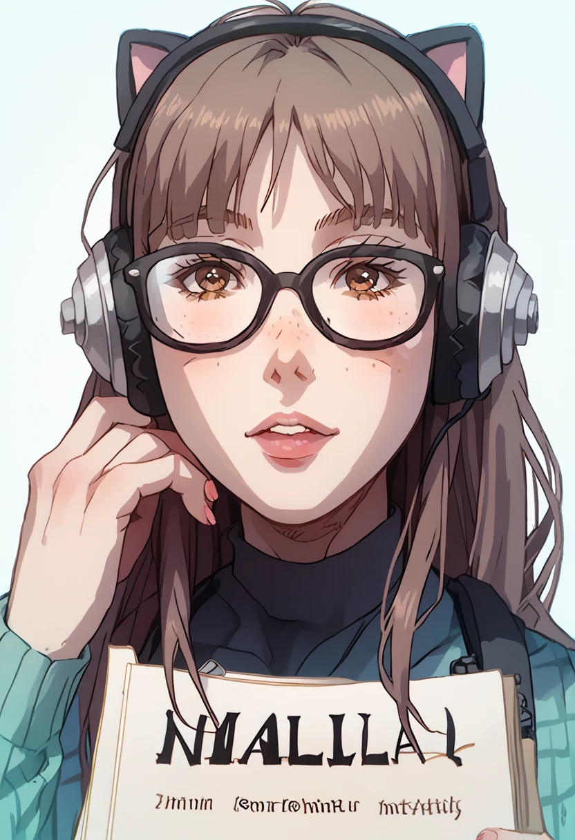 With smooth brown hair and brown eyes wearing black Hello Kitty clothing with glasses with freckles on her face and very stylish typing on a notebook and headphones