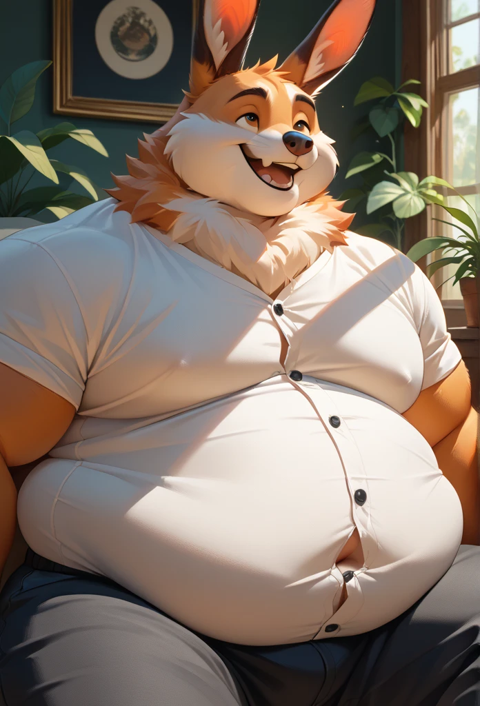 Two furry bunnies, is a extremely large, extremely obese man with a extremely huge inhunanly inflated belly and body, absolutely huge stomach, cheeks, black trousers, white shirt, tight clothes, button pop, happy, sitting, touching each other, caresses, hugs, belly rubs, extremely huge size difference