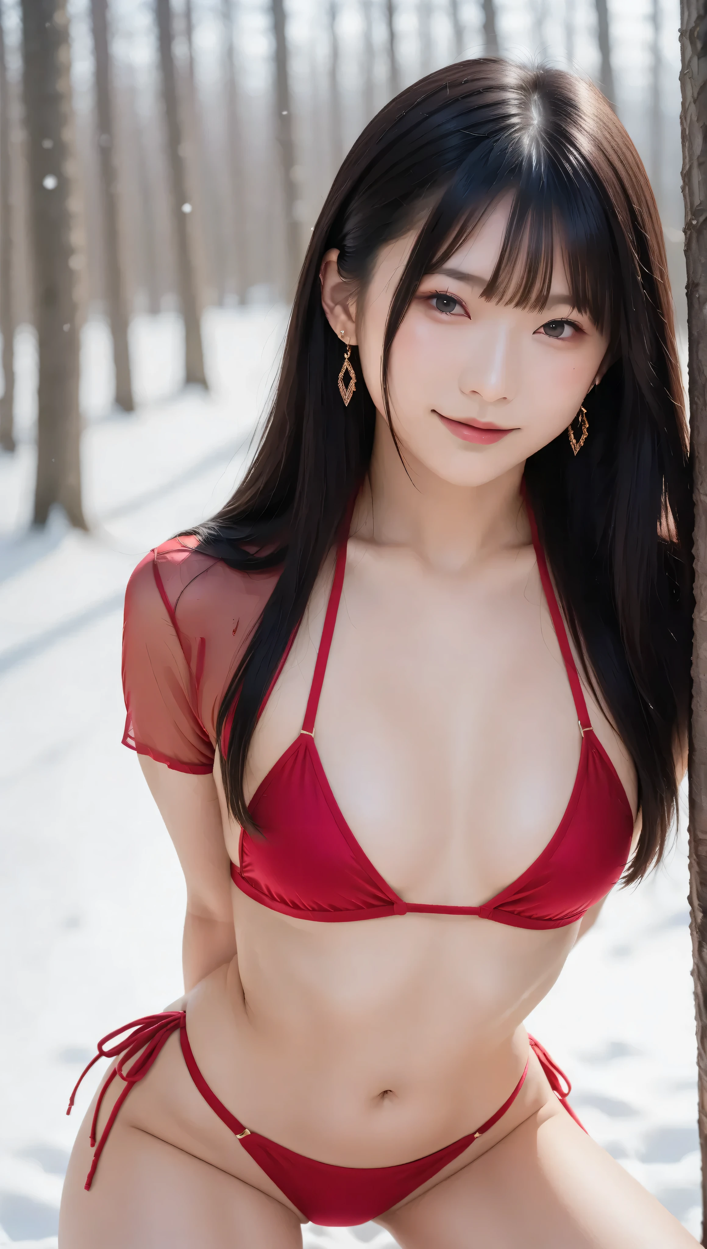 (score_9, score_8_up, score_7_up, extremely detailed), breathtakingly beautiful long Japanese woman, flowing black hair, (included). She has a gentle smile, and a confident, alluring attitude. She is outdoors in a snowy forest landscape, posing with her torso slightly twisted, her hands gently resting behind her back, accentuating her natural curves. Light mist, she is wearing a vibrant red bikini with gold accents, adding a touch of drama. She is in a dynamic pose, low crouched with legs widely spread. high resolution 32K, masterpiece level detail, hauzmo style, (rim lighting)