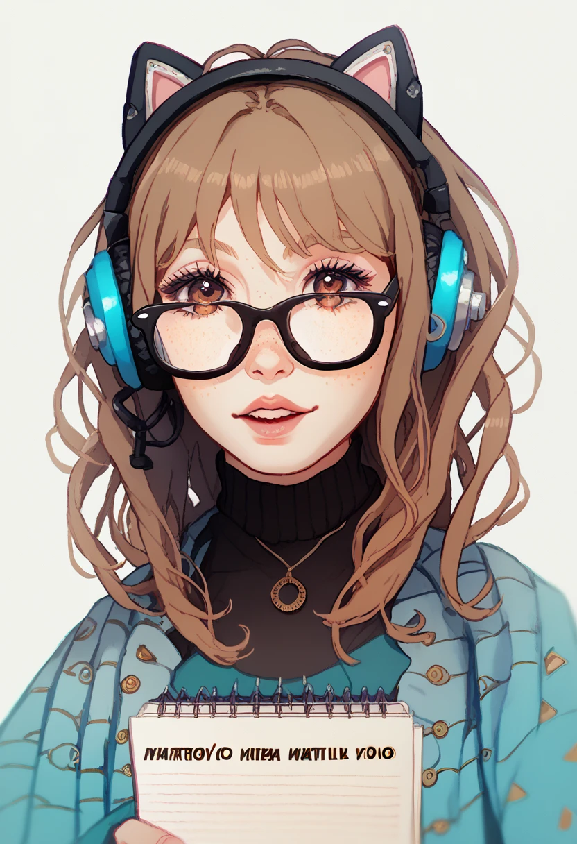 With smooth brown hair and brown eyes wearing black Hello Kitty clothing with glasses with freckles on her face and very stylish typing on a notebook and headphones