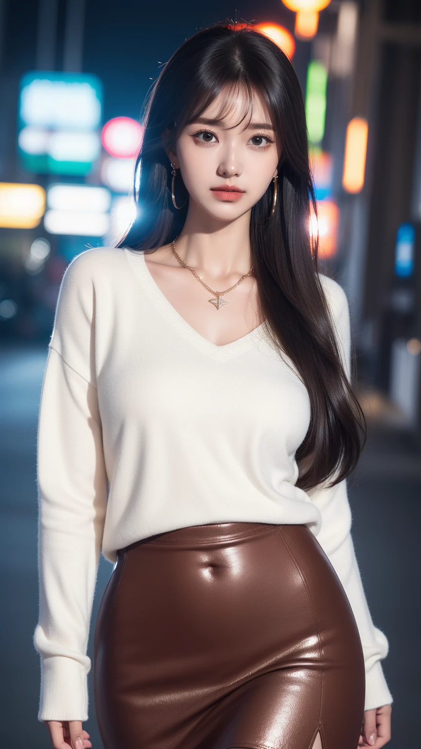 (Best quality, masterpiece, detailed), (RAW, 4K, HD Images), shy, 1 girl, , White skin, Large 4 breast size, long hair, Ponytail, layers of hair, bang, black hair, beautiful girl, cutie, cute girl, beautiful girl, ideal girl, beautiful eyes, Blue eyes, thin lips, thin, (eye line, soft lipstick), ideal, Glasses(detailed frame), bedroom, smile, Hip, legs, long legs, White off-the-shoulder sweater, black strappy bra, black latex short skirt, looking forward, standing, photo in the middle, White wall background