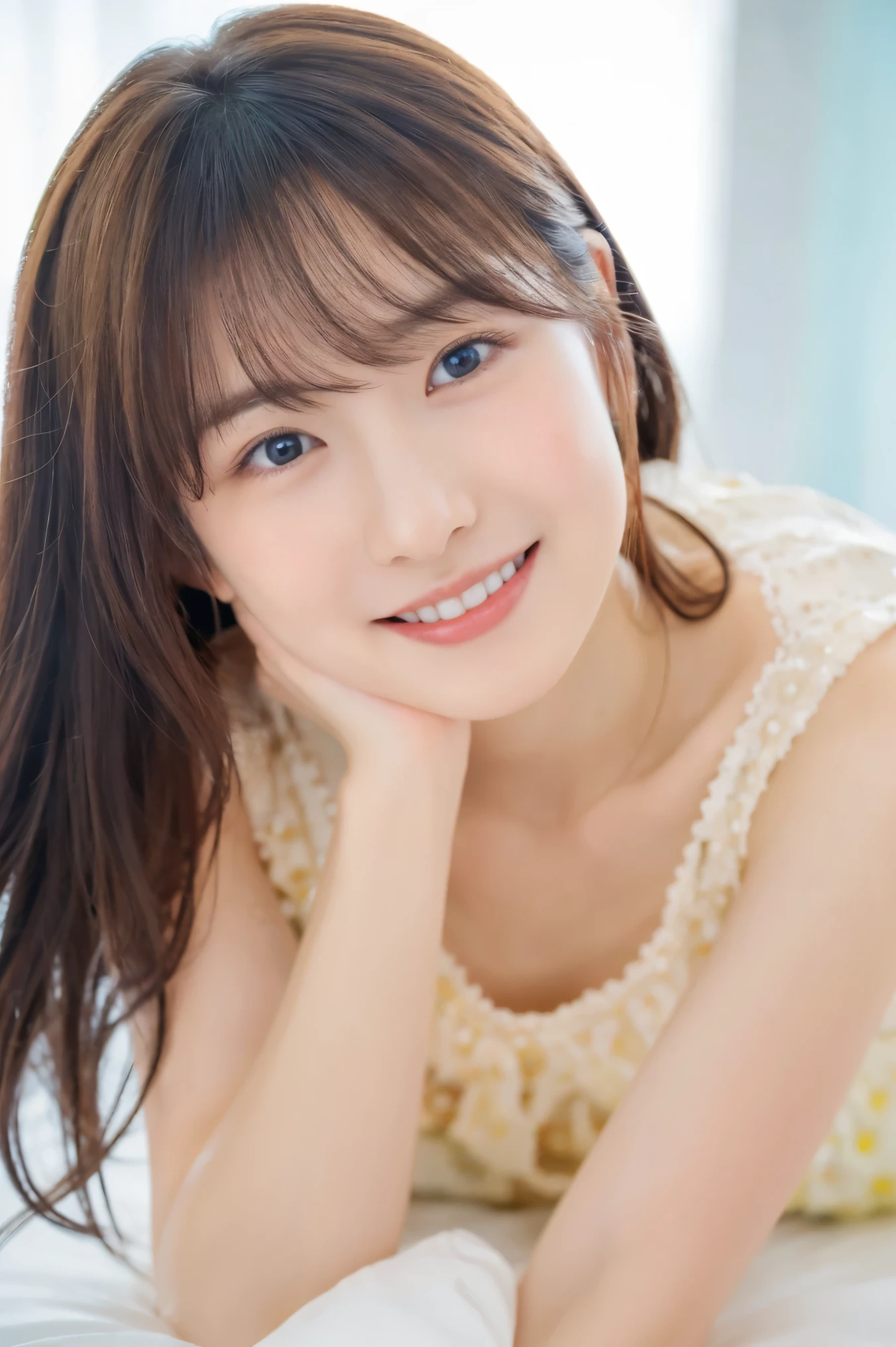  16k ultra-fine CG wallpaper ，masterpiece， Excellent picture quality ，超級Exquisite），（Excellent light ，Exquisite）， smooth skin ， bright face ， 18K close-up Perfect display ，variation，cute，穿著性感cute世界絕無僅有的肉色內衣女孩,f cup， Height 170cm ,Lie on a large white bed， Colorful gem-like eyes。 Full Body Photo , to show your favorite expression on your face,I want to make you happy and keep smiling, Full Body Photo 