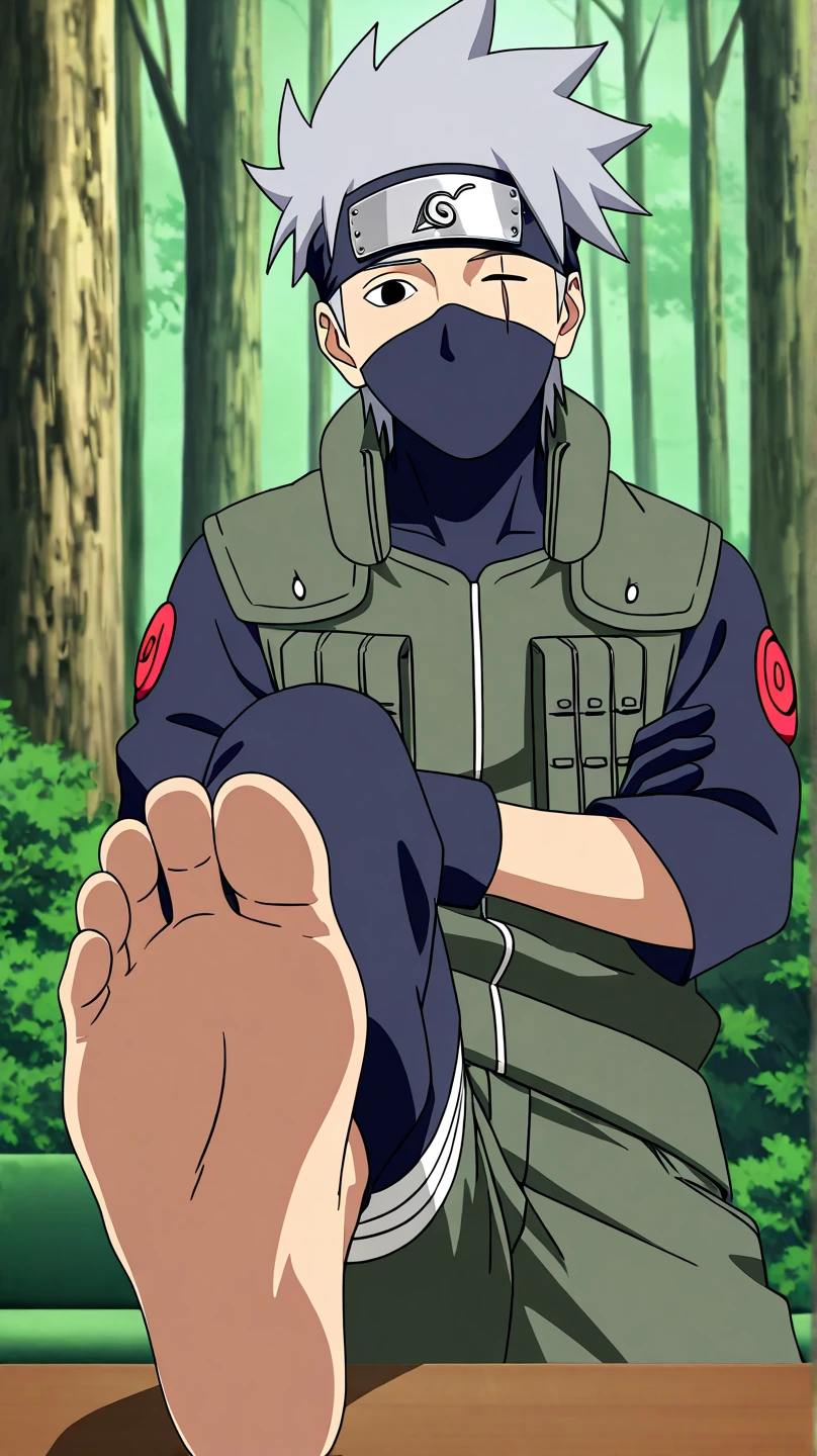 score_9, score_8_up,source_anime,
1boy, bare feet focus, kakashi, grey hair, covered mouth, mouth mask, black eyes, scar across eye, forehead protector, gloves, konohagakure symbol, mature, green vest, pants,
solo, looking at viewer, standing, cowboy shot, outdoors, forest, anime screencap, anime coloring  He is sitting on a couch while his bare feet (soles) are displayed in front of us on a table(our point of view). Both of his bare feet (soles) are exposed